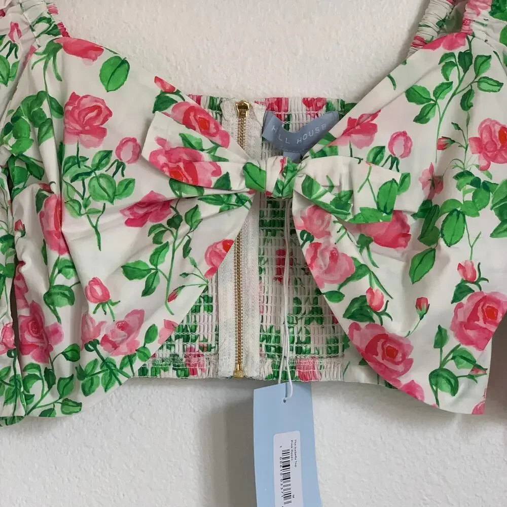 NWT Hill House Home‎ Puff Sleeve Floral Bow Crop Top in White/Pink